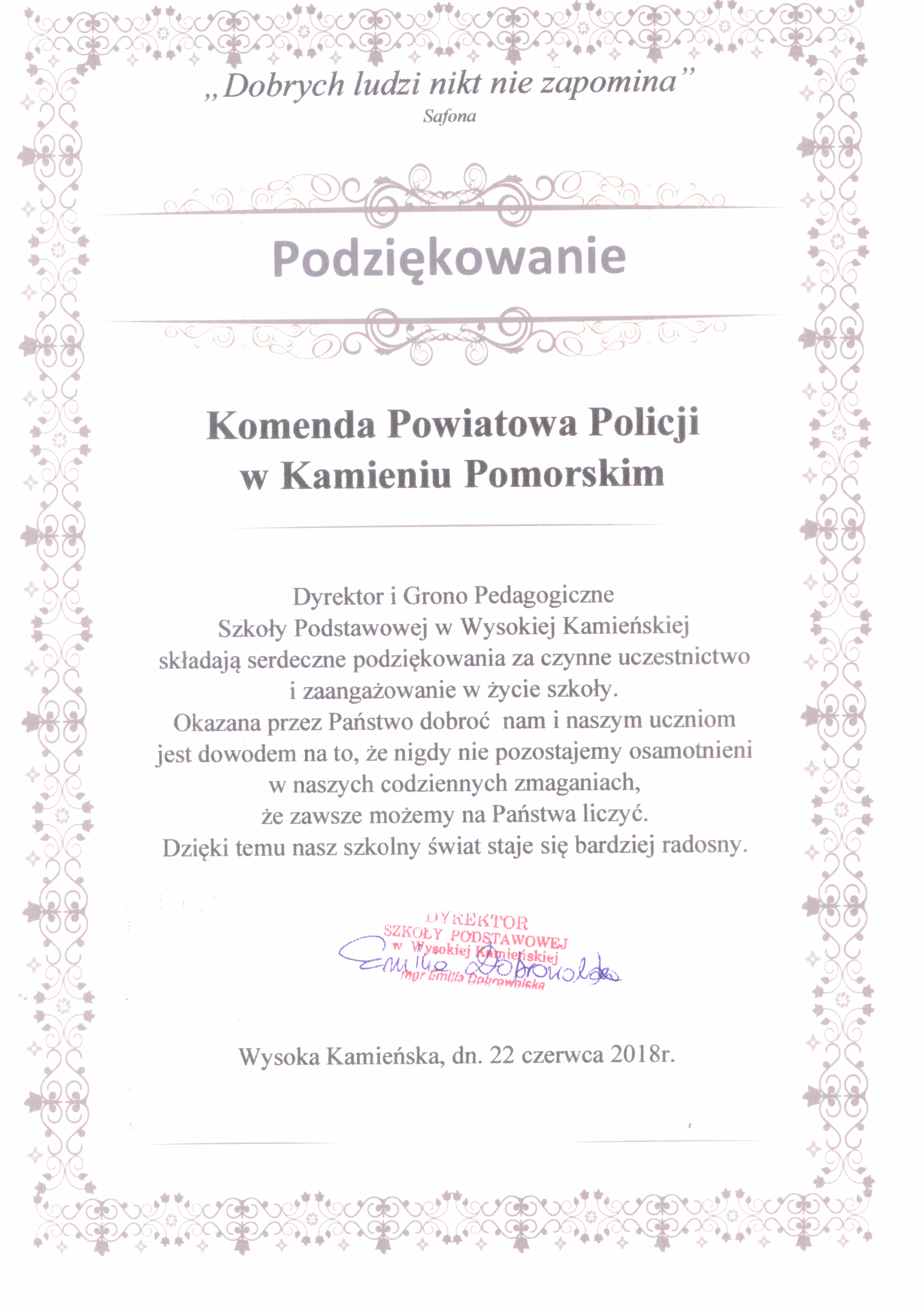 Podziękowania dla funkcjonariuszy Komendy Powiatowej Policji w Kamieniu Pomorskim