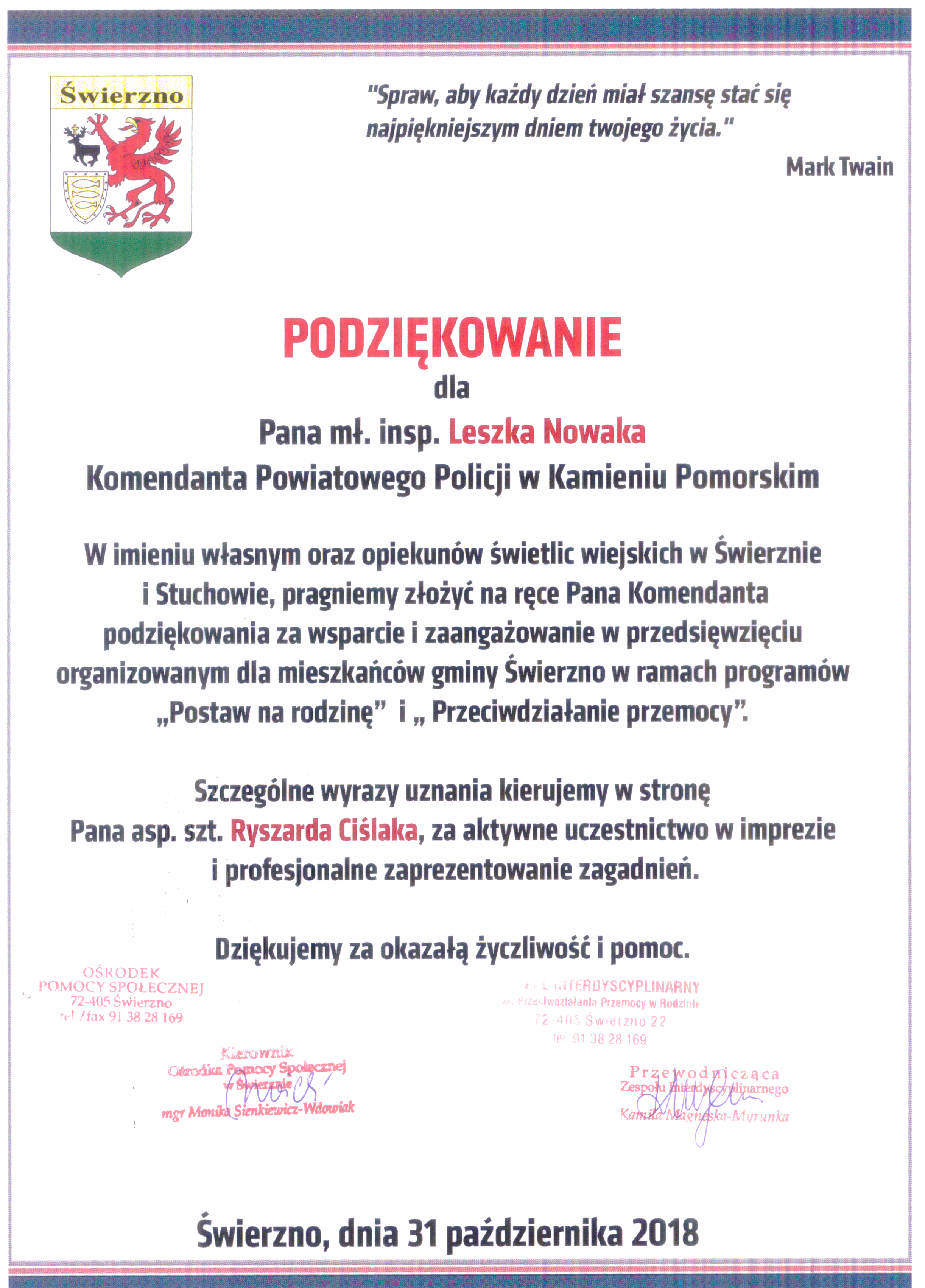 Podziękowania dla Komendanta Powiatowego Policji w Kamieniu Pomorskim mł. insp. Leszka Nowaka