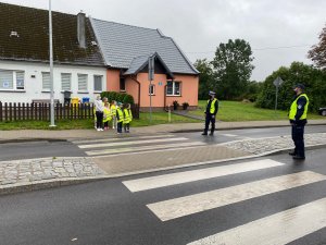 policjanci z uczniami szkoły podstawowej na przejściu dla pieszych